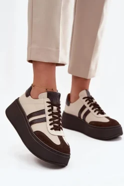 Skórzane Sneakersy Damskie Na Platformie Zazoo 3775 Beżowo-Czekoladowe