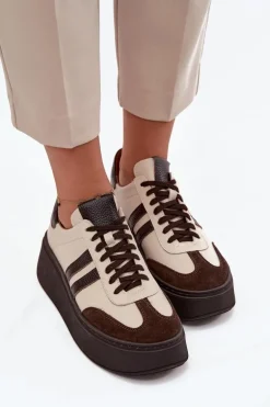 Skórzane Sneakersy Damskie Na Platformie Zazoo 3775 Beżowo-Czekoladowe