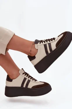 Skórzane Sneakersy Damskie Na Platformie Zazoo 3775 Beżowo-Czekoladowe