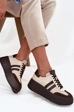 Skórzane Sneakersy Damskie Na Platformie Zazoo 3775 Beżowo-Czekoladowe