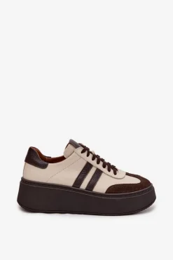 Skórzane Sneakersy Damskie Na Platformie Zazoo 3775 Beżowo-Czekoladowe