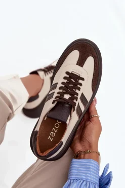 Skórzane Sneakersy Damskie Na Platformie Zazoo 3775 Beżowo-Czekoladowe