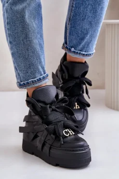 Skórzane Sneakersy Damskie Na Masywnej Platformie CheBello 4561 Czarne