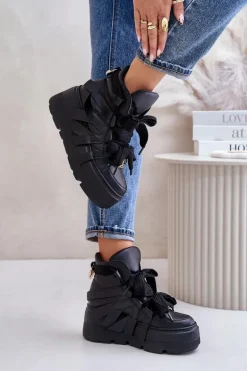 Skórzane Sneakersy Damskie Na Masywnej Platformie CheBello 4561 Czarne