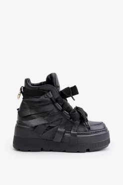 Skórzane Sneakersy Damskie Na Masywnej Platformie CheBello 4561 Czarne