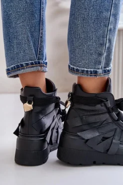 Skórzane Sneakersy Damskie Na Masywnej Platformie CheBello 4561 Czarne