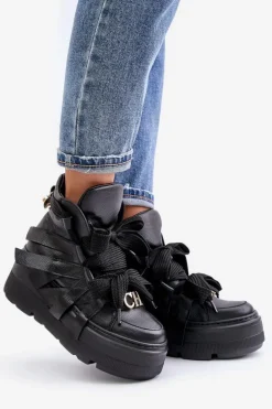 Skórzane Sneakersy Damskie Na Masywnej Platformie CheBello 4561 Czarne