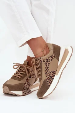 Skórzane Sneakersy Damskie Na Platformie Panterka Artiker 55C0089 Brązowe
