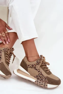 Skórzane Sneakersy Damskie Na Platformie Panterka Artiker 55C0089 Brązowe