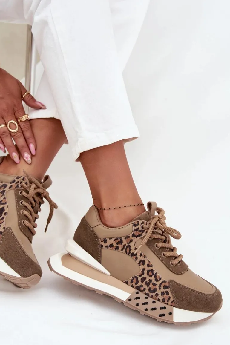 Skórzane Sneakersy Damskie Na Platformie Panterka Artiker 55C0089 Brązowe