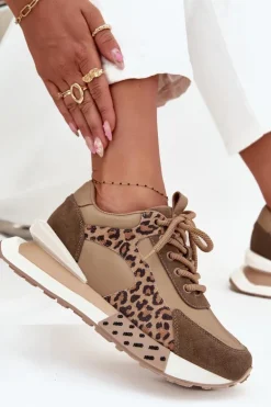 Skórzane Sneakersy Damskie Na Platformie Panterka Artiker 55C0089 Brązowe