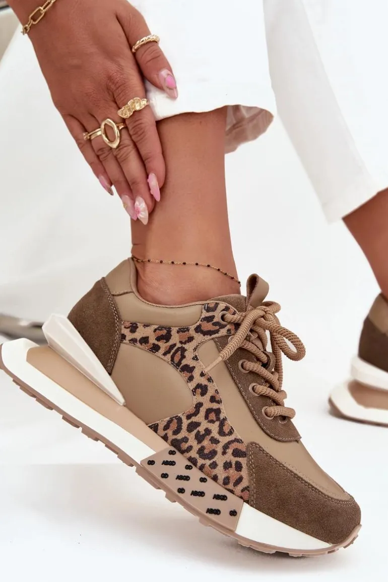 Skórzane Sneakersy Damskie Na Platformie Panterka Artiker 55C0089 Brązowe