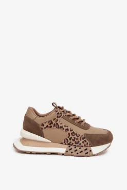 Skórzane Sneakersy Damskie Na Platformie Panterka Artiker 55C0089 Brązowe