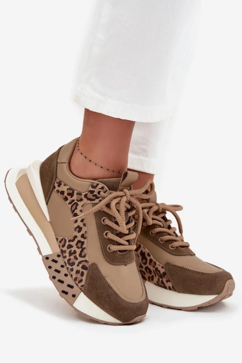 Skórzane Sneakersy Damskie Na Platformie Panterka Artiker 55C0089 Brązowe
