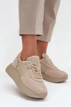 Skórzane Sneakersy Damskie Na Platformie Artiker 55C0021 Beżowe