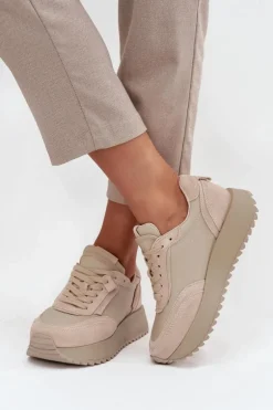 Skórzane Sneakersy Damskie Na Platformie Artiker 55C0021 Beżowe