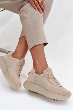 Skórzane Sneakersy Damskie Na Platformie Artiker 55C0021 Beżowe