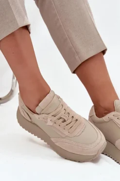 Skórzane Sneakersy Damskie Na Platformie Artiker 55C0021 Beżowe