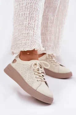 Skórzane Sneakersy Damskie Na Platformie Vinceza 88018 Beżowe