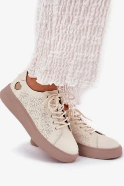 Skórzane Sneakersy Damskie Na Platformie Vinceza 88018 Beżowe