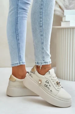 Skórzane Sneakersy Damskie Na Platformie Z Przypinkami I Napisem Vinceza 89102 Beżowe