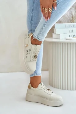 Skórzane Sneakersy Damskie Na Platformie Z Przypinkami I Napisem Vinceza 89102 Beżowe