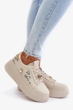 Skórzane Sneakersy Damskie Na Platformie Z Przypinkami I Napisem Vinceza 89102 Beżowe