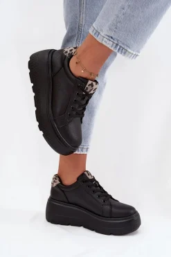Skórzane Sneakersy Damskie Na Platformie Panterka Vinceza 89144 Czarne