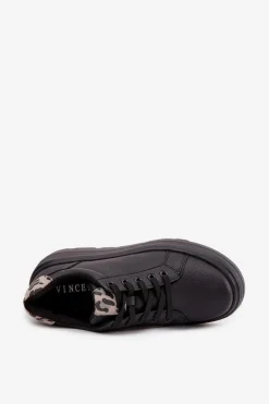 Skórzane Sneakersy Damskie Na Platformie Panterka Vinceza 89144 Czarne