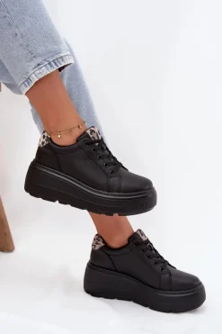Skórzane Sneakersy Damskie Na Platformie Panterka Vinceza 89144 Czarne