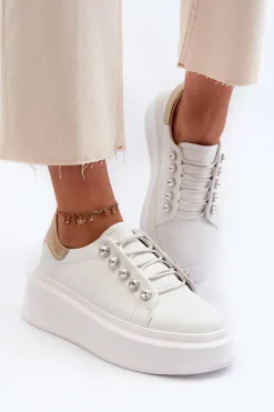 Skórzane Sneakersy Damskie Na Masywnej Platformie Białe S.Barski LR628