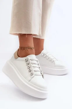 Skórzane Sneakersy Damskie Na Masywnej Platformie Białe S.Barski LR628