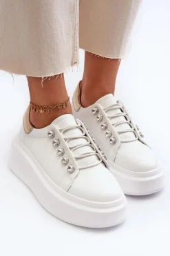 Skórzane Sneakersy Damskie Na Masywnej Platformie Białe S.Barski LR628