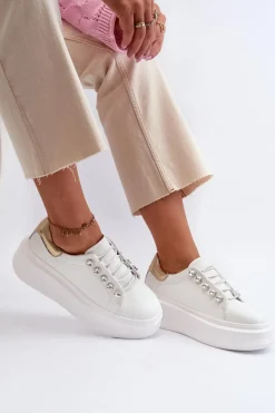 Skórzane Sneakersy Damskie Na Masywnej Platformie Białe S.Barski LR628