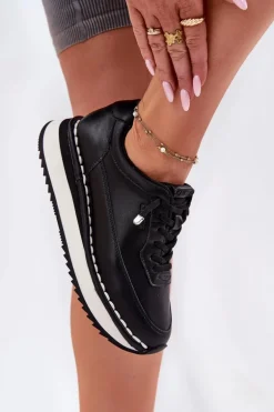 Skórzane Sneakersy Damskie Na Platformie Big Star RR274A335 Czarne