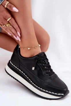 Skórzane Sneakersy Damskie Na Platformie Big Star RR274A335 Czarne