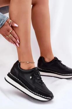 Skórzane Sneakersy Damskie Na Platformie Big Star RR274A335 Czarne