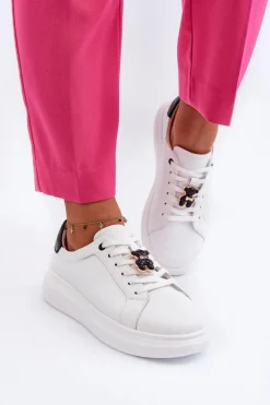 Skórzane Sneakersy Damskie Z Misiem Białe Mirven
