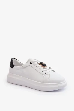 Skórzane Sneakersy Damskie Z Misiem Białe Mirven