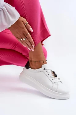 Skórzane Sneakersy Damskie Z Misiem Białe Mirven