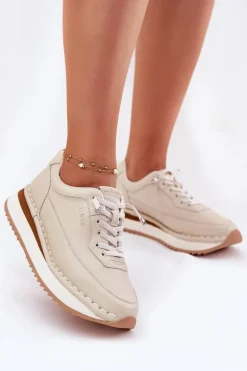Skórzane Sneakersy Damskie Na Platformie Big Star RR274A334 Beżowe