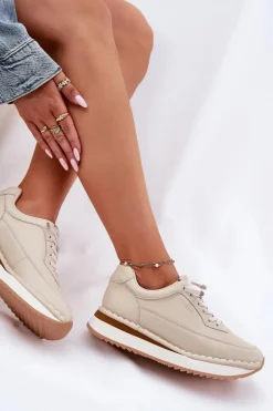 Skórzane Sneakersy Damskie Na Platformie Big Star RR274A334 Beżowe