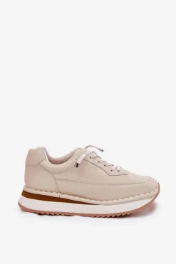 Skórzane Sneakersy Damskie Na Platformie Big Star RR274A334 Beżowe
