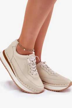 Skórzane Sneakersy Damskie Na Platformie Big Star RR274A334 Beżowe