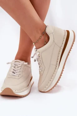 Skórzane Sneakersy Damskie Na Platformie Big Star RR274A334 Beżowe