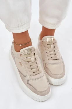 Skórzane Sneakersy Damskie Na Platformie Beżowe Velarria