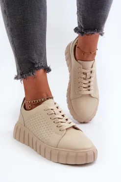 Skórzane Sneakersy Damskie Na Platformie Beżowe Eselmarie