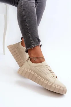 Skórzane Sneakersy Damskie Na Platformie Beżowe Eselmarie