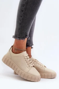 Skórzane Sneakersy Damskie Na Platformie Beżowe Eselmarie