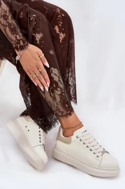 Skórzane Sneakersy Damskie Na Platformie GOE RR2N4004 Beżowe